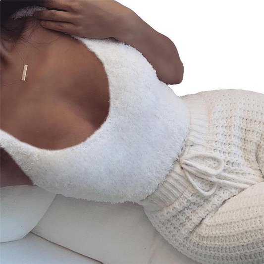3-delt pysjsett for kvinner med langermet crop-top, singlet og shorts med snøring