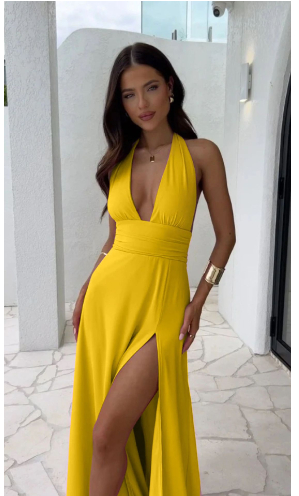 Sexy Halterneck V-neck Sommerkjole med Splitt og Åpen Rygg