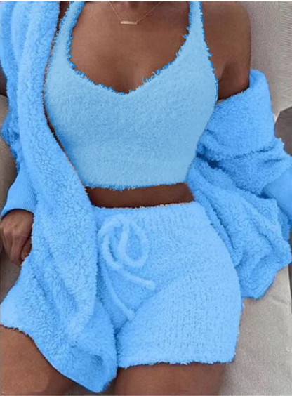 3-delt pysjsett for kvinner med langermet crop-top, singlet og shorts med snøring