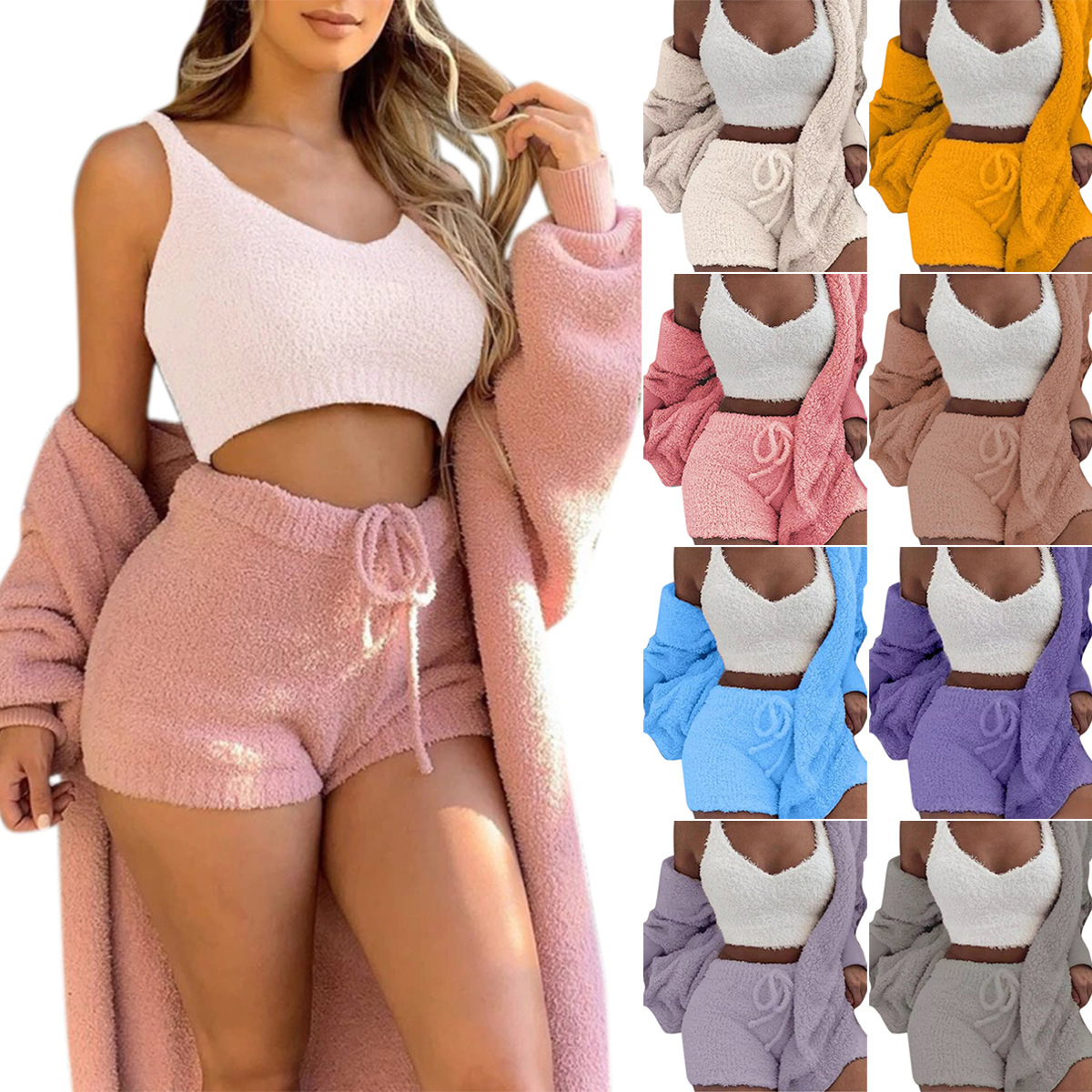 3-delt pysjsett for kvinner med langermet crop-top, singlet og shorts med snøring